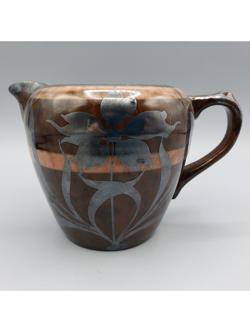 Vintage Brown Glaze Creamer Milk Jug Silver Overlay Art Nouveau Pottery
